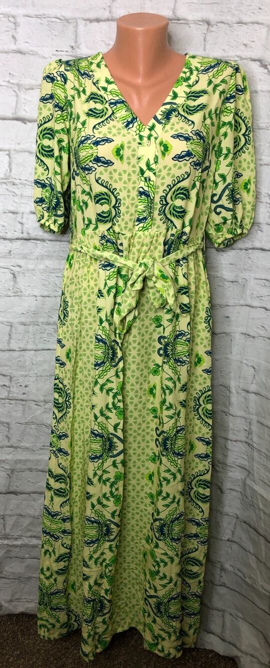 Celina Moon Short Sleeve Belted Green Yellow Blue Floral Print Maxi Dress Size M